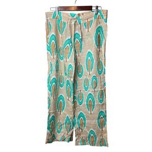 Nimo with Love Ikat Tan Turquoise Linen Pants Sz. S